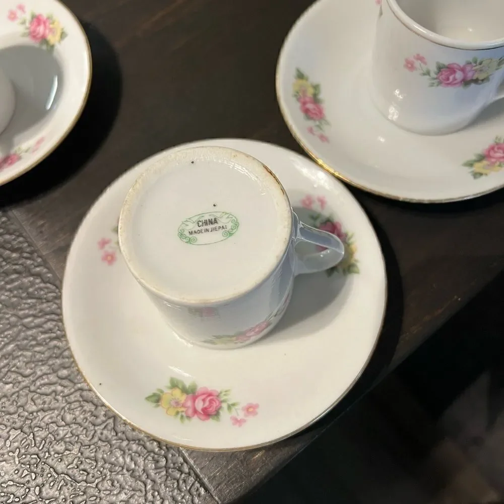 Demitasse Cups and Saucers,  Pink Rose Floral, Espresso Cups, Set of 4